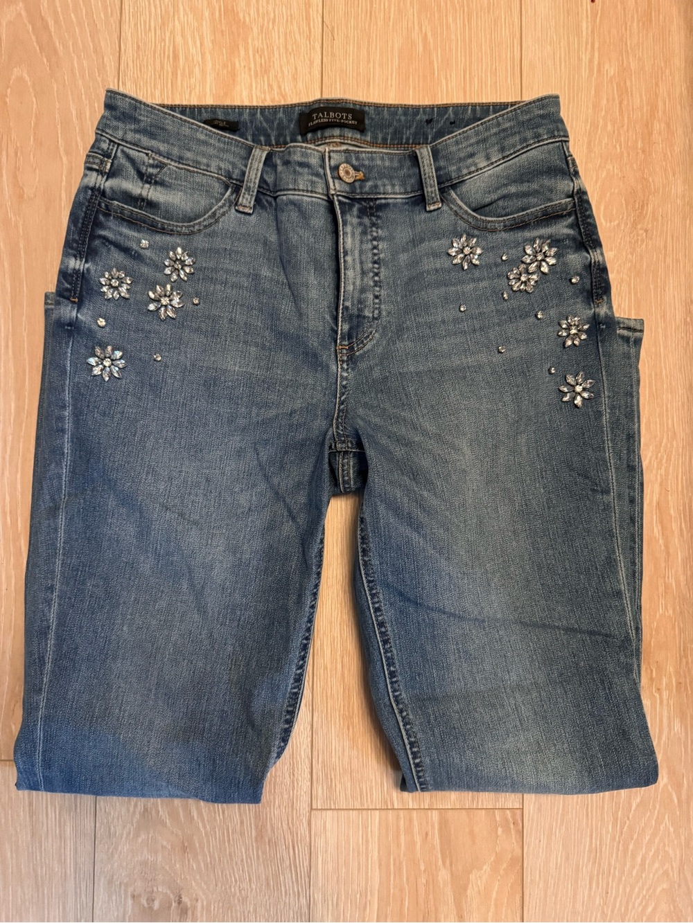 Talbots Blue Straight-Leg Jeans with Embellished Floral Accents